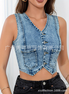 Women's snowflake elastic tight denim vest女牛仔弹力紧身马甲