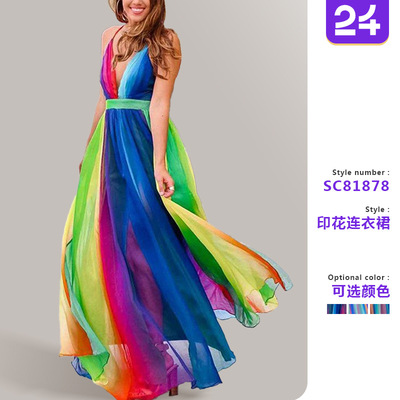 Women's sexy rainbow chiffon suspender dress女雪纺吊带连衣裙
