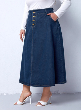 Women's plus size breasted denim skirt女大码排扣牛仔半身裙