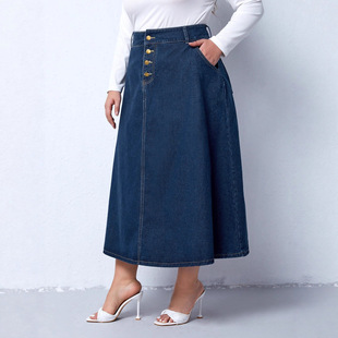 Women's plus size breasted denim skirt女大码排扣牛仔半身裙