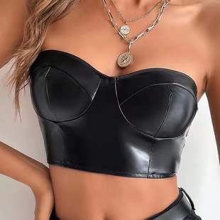 leather chest Women short shiny wrapped vest女pu皮裹胸