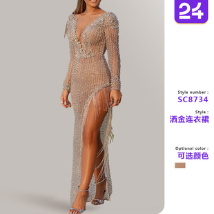 sleeved slim fit Women 修身 long dress女烫金长袖 长裙 sequined