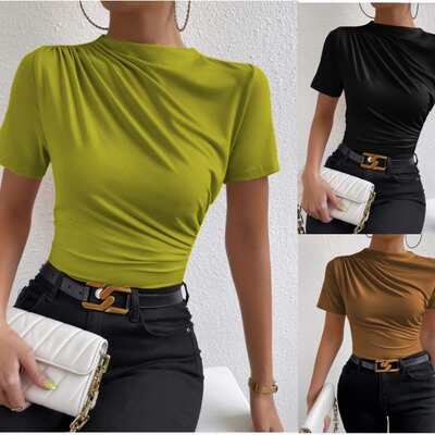 Fashionable pleated women's short sleeved slim fit褶皱女短袖