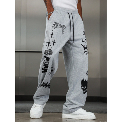 Men's drawstring sports sweatpants, hip-hop wide leg pants