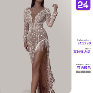 sequined dress女亮片v领长袖 long 长裙性感连衣裙 neck Women