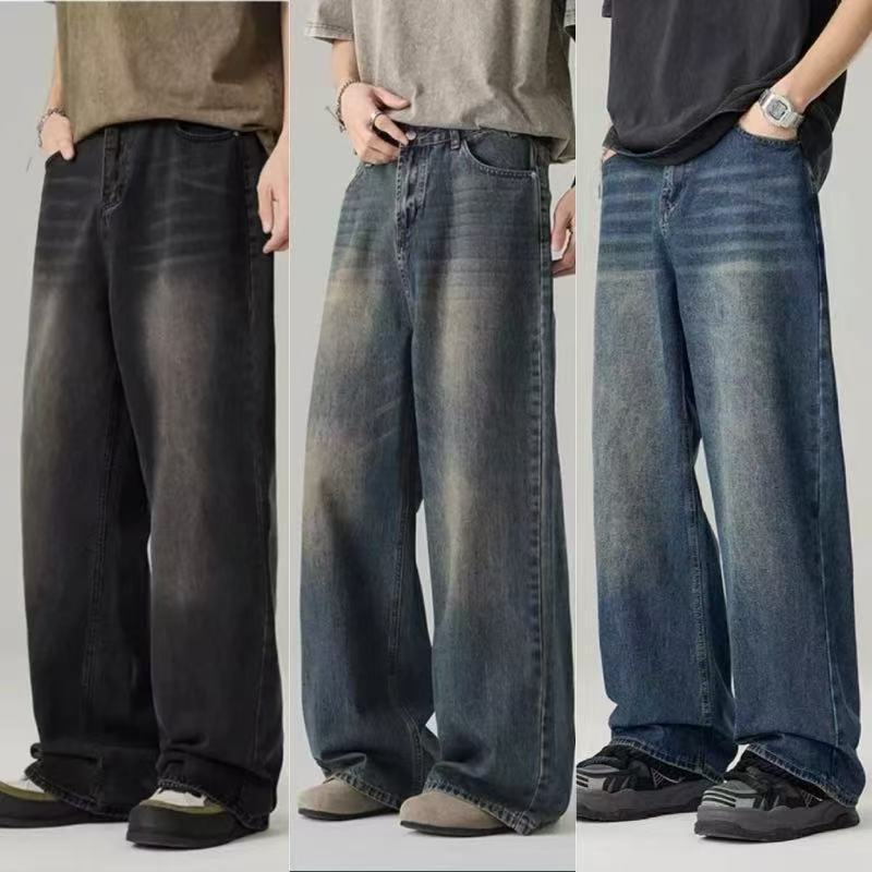 Men's washed wide leg jeans跨境牛仔裤男水洗阔腿复古做旧宽松
