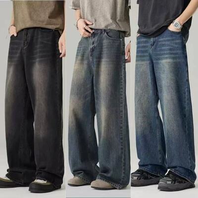Men's washed wide leg jeans跨境牛仔裤男水洗阔腿复古做旧宽松