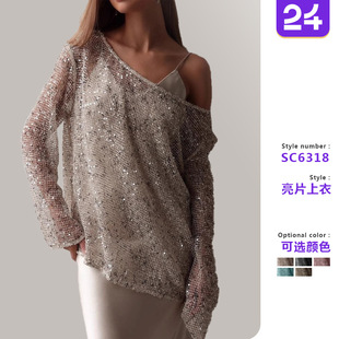 Women's long sleeved hollow sequin top女长袖镂空套头亮片上衣