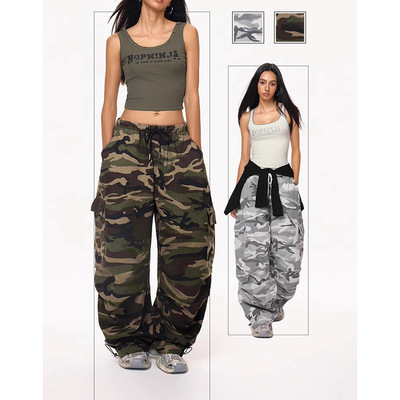 Camouflage workwear casual pants women wide leg pants