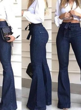 Women high waisted elastic flared wide leg jeans阔腿女牛仔裤