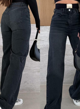 Women's black straight leg denim pants女微弹黑色直筒牛仔长裤