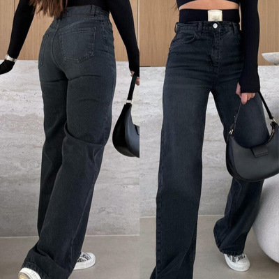 Women's black straight leg denim pants女微弹黑色直筒牛仔长裤