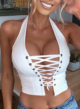 Women lace up short PU leather vest挂脖露背短款女pu皮小背心