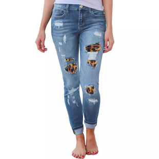 Women leopard print ripped elastic jeans女豹纹破洞贴布牛仔裤