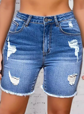 Women's retro elastic ripped denim shorts with frayed edges