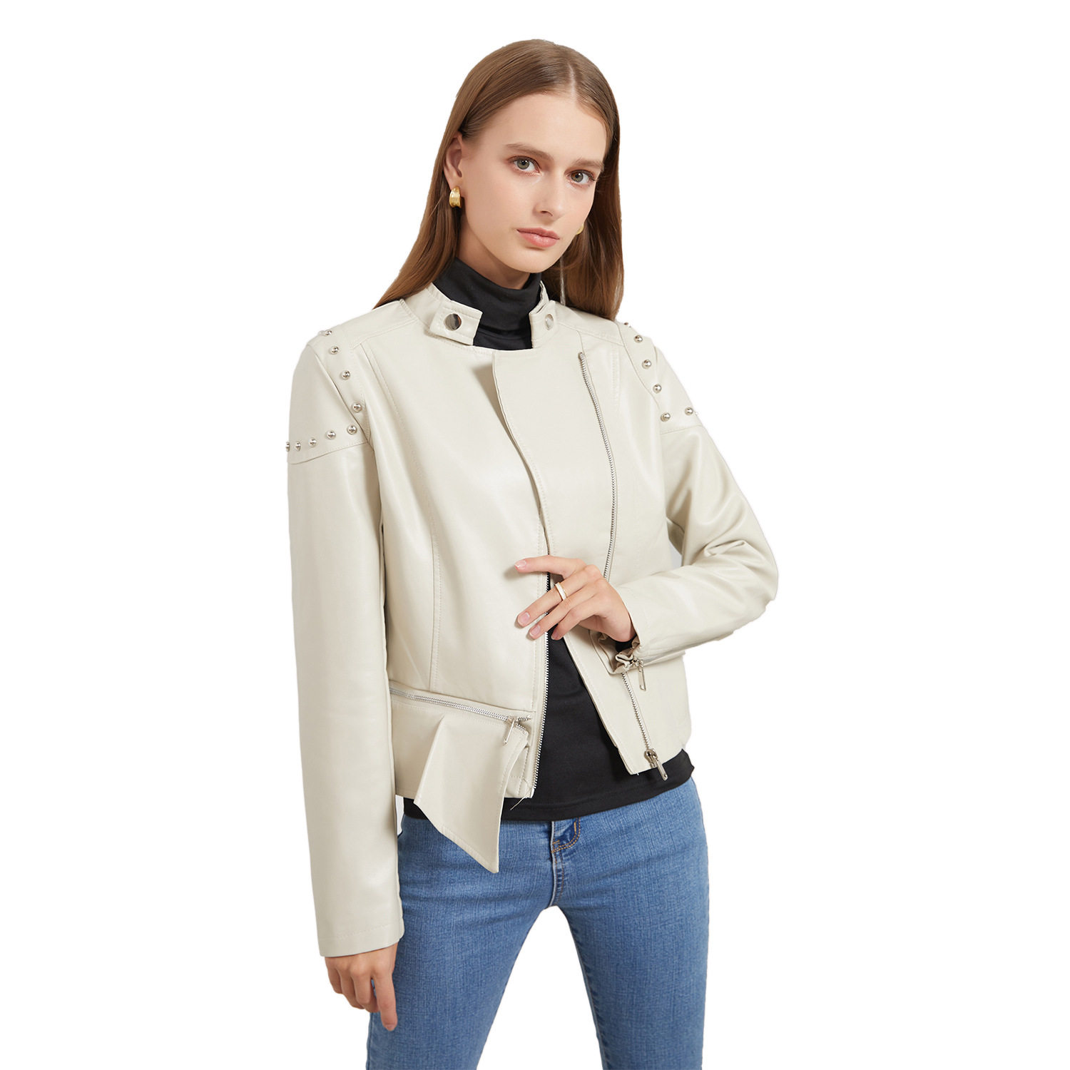 Women's rivet slim fit leather jacket铆钉立领皮衣女纯色夹克