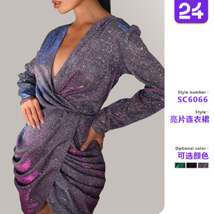 long sequined sleeved short V领亮片短裙 Women skirt女长袖