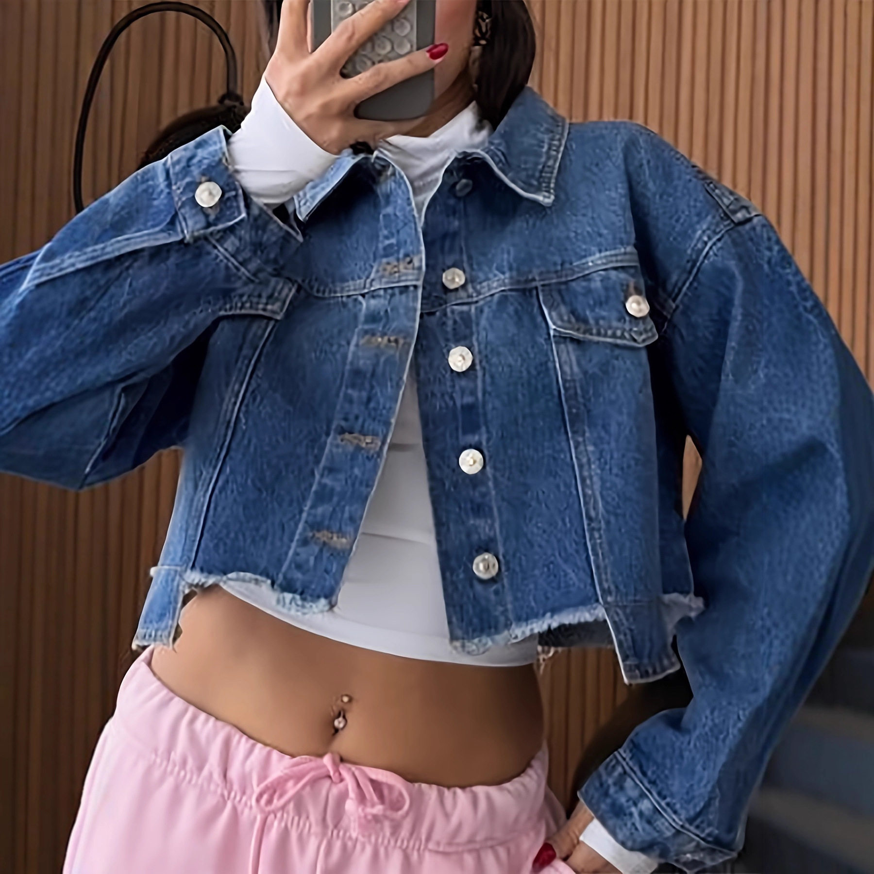 Women long sleeved denim jacket女不规则下摆毛边长袖牛仔外套