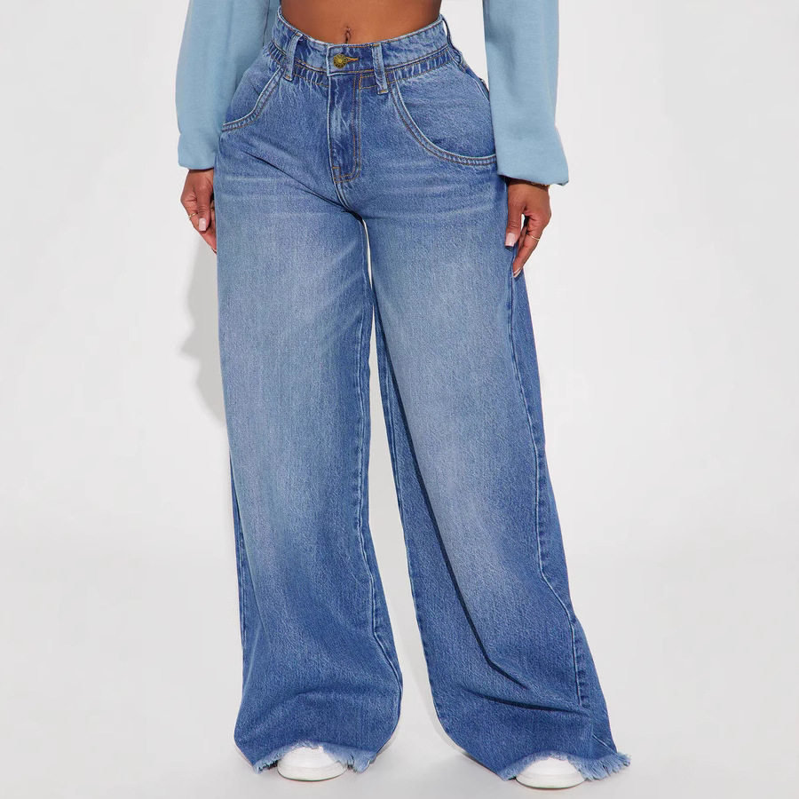 Women fringed wide leg denim pants女松筋高腰毛边阔腿牛仔长裤