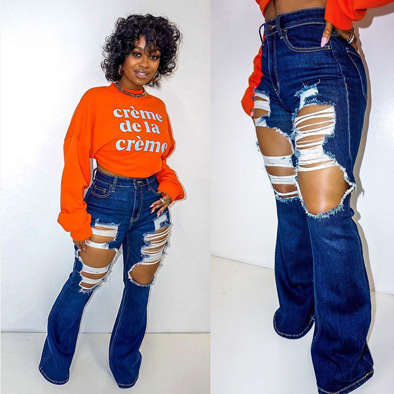 Women's ripped flared jeans, floor length pants女破洞牛仔裤
