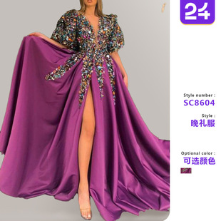 sequined long large slit dress女亮片大摆开叉长裙 swing Women