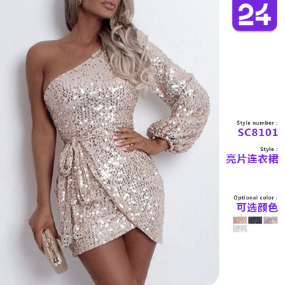 Women's sequined long sleeved single shoulder dress女连衣裙