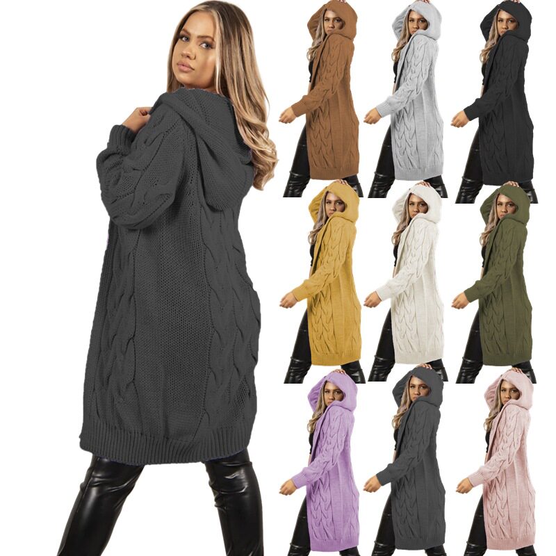 Women's cardigan hooded mid length sweater秋冬女长款开衫毛衣