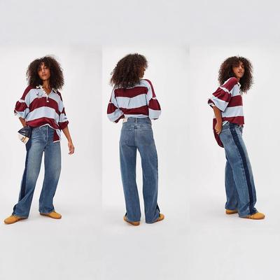 Women straight leg loose wide leg jeans水洗直筒牛仔裤撞色女