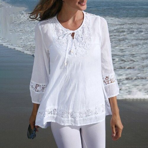Cotton and linen patchwork lace women top棉麻拼接蕾丝女上衣