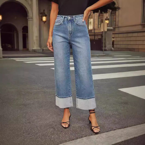 Women's rolled denim cropped pants女卷边牛仔九分裤