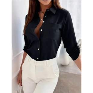 long 女 retro 衬衫 shirt长袖 sleeved color solid niche Women