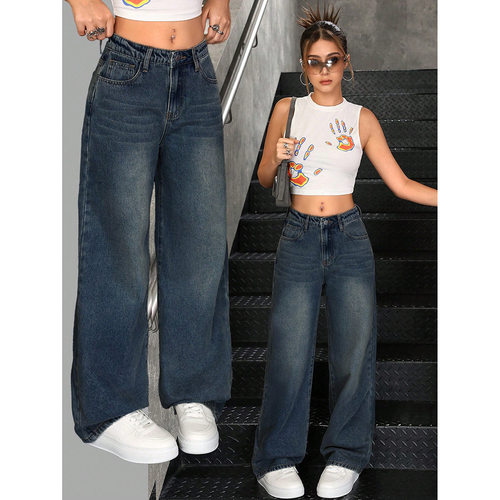 Women's retro washed high waisted jeans跨境复古水洗牛仔裤女