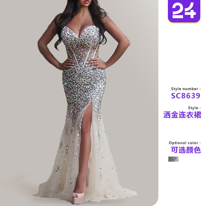 Women gold sprinkled split V-neck sleeveless mesh long dress