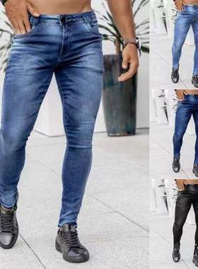 Men's slim fit high waisted jeans男跨黑色修身高腰牛仔小脚裤