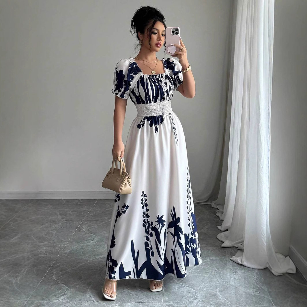 Women's Bubble Sleeve Printed Waist Dress泡泡袖收腰女连衣裙