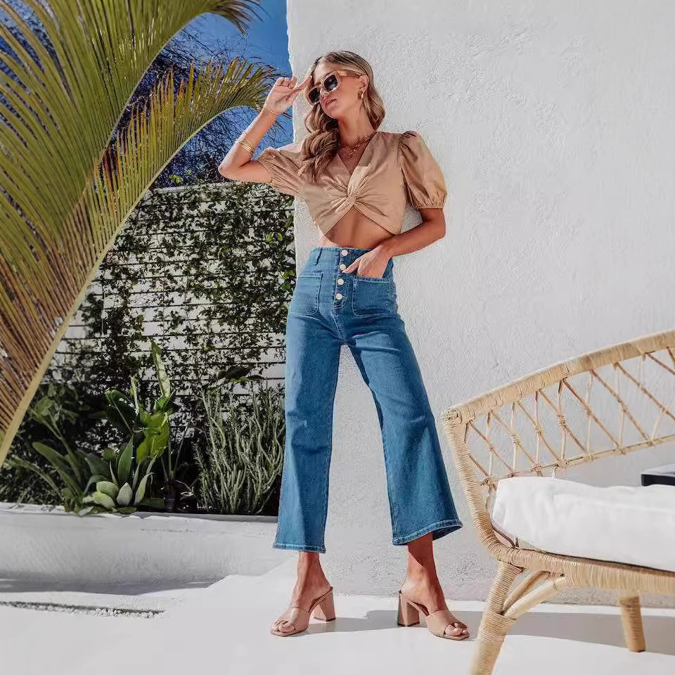 Women's loose single breasted wide leg jeans女宽松阔腿牛仔裤