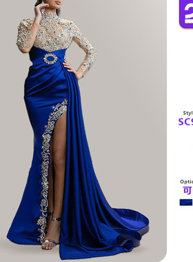 Women's dress, blue gold sprinkled slit evening gown女晚礼服