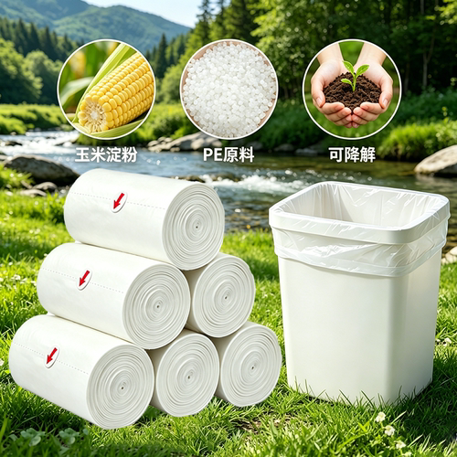 【可降解】白色高档家用厨房特厚平口4丝生物基垃圾袋玉米淀粉+PE