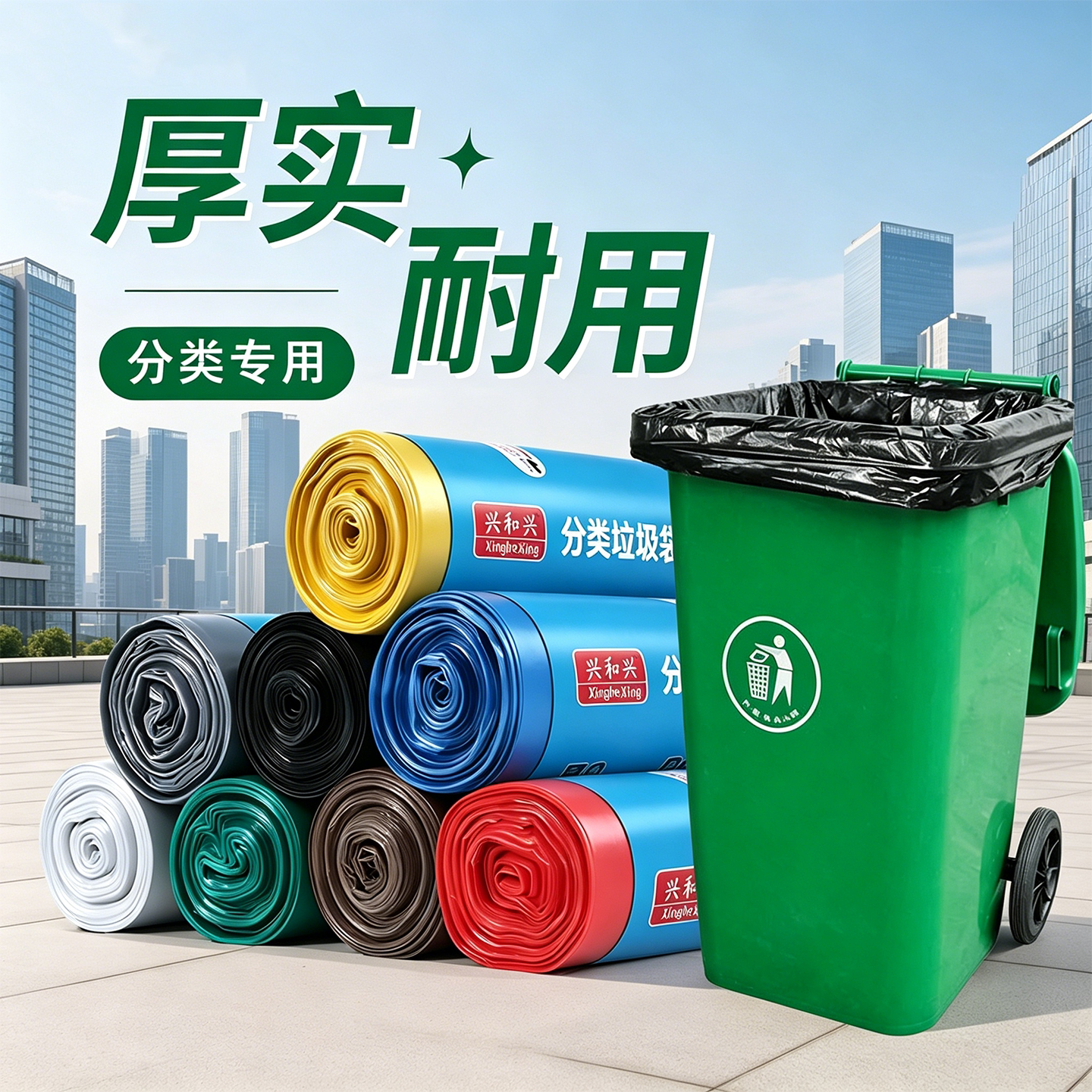 中号加厚卷装红蓝绿黄银灰棕黑白彩色商家用分类垃圾清洁袋兴和兴