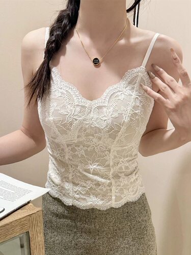 秋冬磨毛保暖纯欲法式蕾丝内搭V领带胸垫吊带美背心显瘦打底上衣