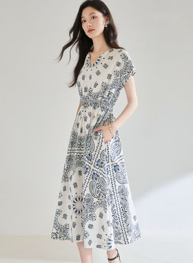 夏季法式复古浪漫佩斯利定位印花純棉松紧腰度假风连衣裙25312