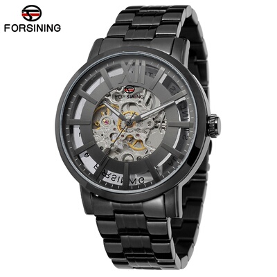 欧美 forsining 防水机械表男士时尚休闲钢带镂空自动机械表