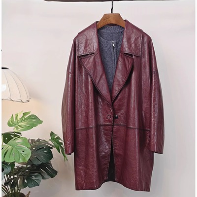 复古擦色羊皮大衣法式茧型皮衣