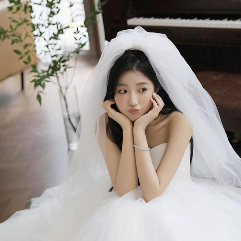 白色法式高级感主婚纱头纱澜蒂纱