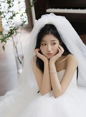 白色法式高级感主婚纱头纱澜蒂纱