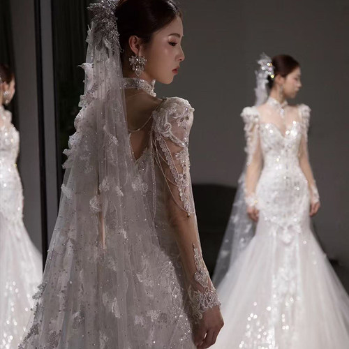 韩式重工珍珠蕾丝头纱豪华拖尾