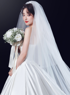 新款头纱新娘主婚纱白色长款香槟色拖尾头饰超仙森系结婚拍照蓬蓬