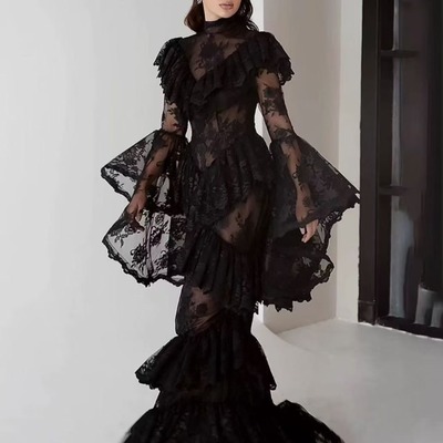 2026欧美风重工连衣裙生日宴会礼服裙立领刺绣荷叶边长裙