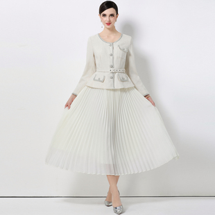 2026法式 优雅气质收腰小香风外套拼接百褶半身长裙连衣裙