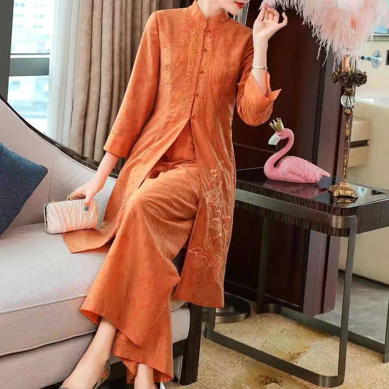 2026阔腿裤套装女春夏新款刺绣中式民族风唐装上衣两件套茶艺茶服